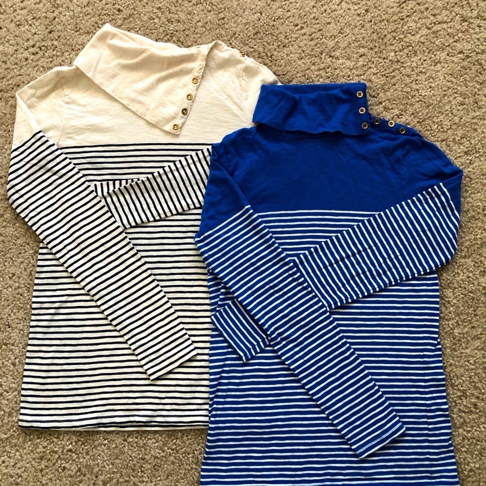 J. Crew long sleeve tees, cream & royal blue, turtle neck with gold bottons, XS.